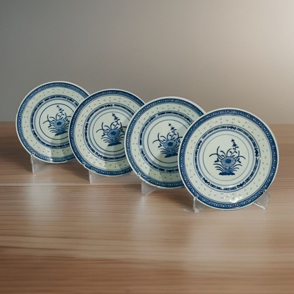 Jingdezhen Rice Eye Grain 6 Inch Desert Plates White & Blue Porcelain  Set of 4